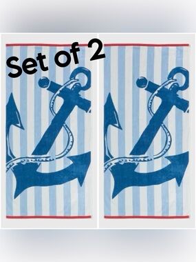 Anchor Nautical Striped Oversized Beach Towel •36"x72"• {Set of 2}